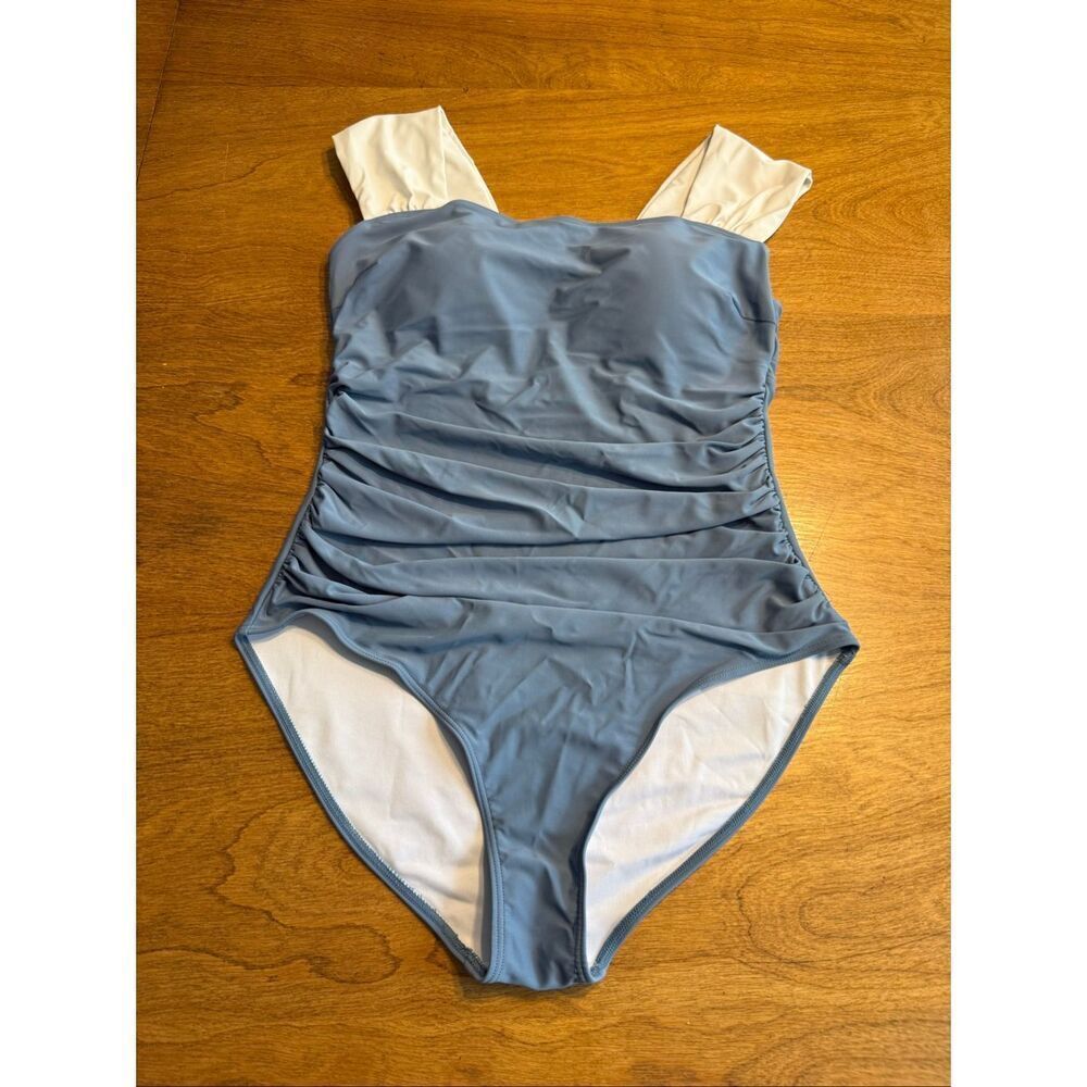 B2PRITY Women's Ruched Square Neck Padded One-Piece Swimsuit Blue White Large